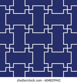 Seamless porcelain indigo blue and white outline interlocking tribal pattern vector