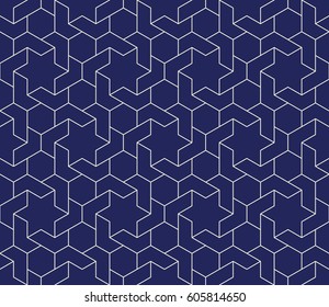 Seamless porcelain indigo blue and white vintage islamic hexagons and stars interlocking outline pattern vector