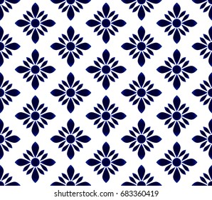 Seamless porcelain indigo blue and white simple art decor vector, blue flowers seamless pattern, ceramic  background