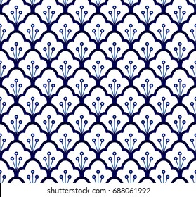 Seamless porcelain indigo blue and white, simple art decor vector, ceramic pattern design, china ware background