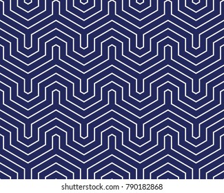 Seamless Porcelain Indigo Blue And White Op Art Geo Abstract Isometric Vintage Stripes Pattern Vector