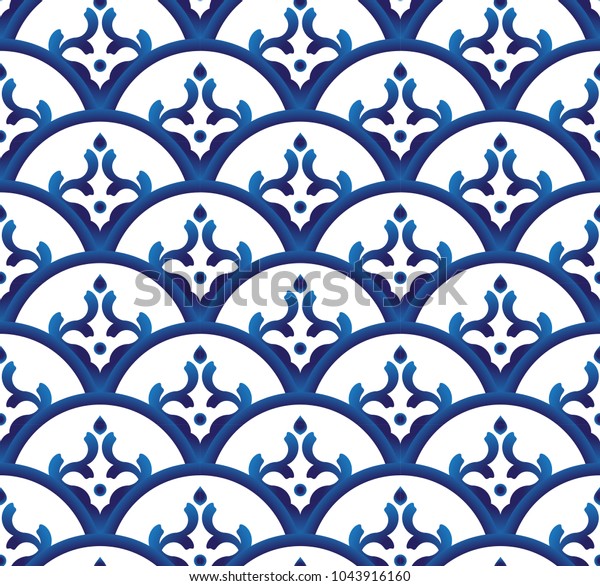 シームレスな藍と白の素朴な美術デコールの波模様ベクター画像 中国 タイ 日本の陶芸デザイン のベクター画像素材 ロイヤリティフリー