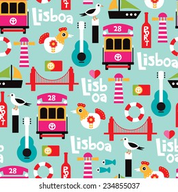 Seamless Portugal city of Lisbon travel icon illustration design background pattern in vector