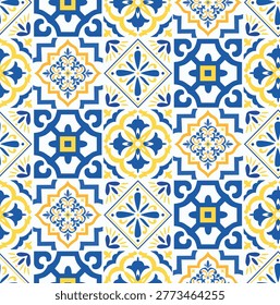 Seamless Portuguese Azulejo Tile Pattern Blue Yellow Geometric Ornament