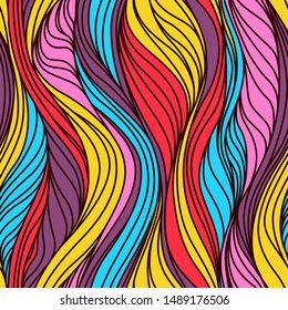 seamless positive vector of wavy lines, colorful print for girls and boys, abstract liquid pattern, bright background of curves