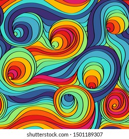 seamless positive vector of wavy lines, colorful print for girls and boys, abstract liquid pattern, bright background of curves