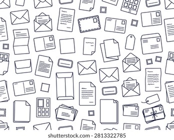 Seamless Postal Mail and Stationery Outline Pattern