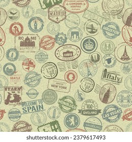 Seamless postal stamps pattern on fabric background. Collage with travel icons and stamps. Vector seamless pattern