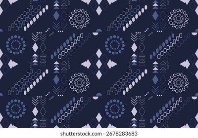 Design de cartaz sem emenda que mescla minimalismo boho com formas geométricas modernas. Azul violeta e lilás empoeirado no índigo da meia-noite refletem mistério, profundidade espiritual, perfeito para têxteis, moda, arte digital.
