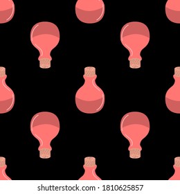 seamless potion pattern on black background.  A magical elixir. Vector illustration in a flat style. The concept of Halloween, witchcraft