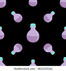 Seamless potion pattern on a black background. Magic potion.Vector illustration in a flat style.The concept of Halloween