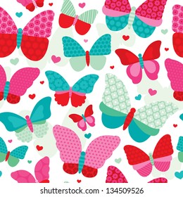 Seamless powder pastel tones butterfly flower patch work illustration background pattern in vector