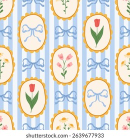Seamless preppy french pattern on a striped background with beautiful flowers in decorative frames and bows. Coquette vintage background. Vector illustration for textile, baby clothes, wallpaper.