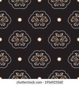 Seamless presentable pattern with flowers and monograms in simple style. Good for menus, postcards, books, murals and fabrics. Vector 