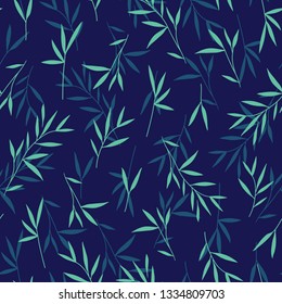 Seamless pretty green bamboo leaves pattern. Vector. Illustration. Blue background.