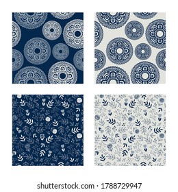 Seamless pretty indigo patterns with decorative flowers and leaves. Floral dark and bright backgrounds for textile, fabric manufacturing, wallpaper, covers, surface, print, gift wrap, scrapbooking.