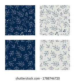 Seamless pretty indigo patterns with decorative flowers and leaves. Floral dark and bright backgrounds for textile, fabric manufacturing, wallpaper, covers, surface, print, gift wrap, scrapbooking.