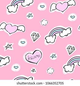 Seamless pretty pattern with hearts, rainbow and stars on a pink background. Vector cartoon illustration with diamond for kids design projects.