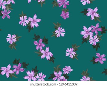 Seamless pretty pattern in small-scale cute mallow flowers. Millefleurs. Floral background for textile, fabric manufacturing, wallpaper, covers, surface, print, gift wrap, scrapbooking, decoupage.