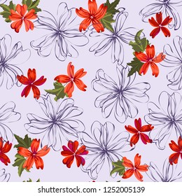 Seamless pretty pattern in small-scale cute coral mallow flowers. Millefleurs. Floral background for textile, fabric manufacturing, wallpaper, covers, surface, print,  wrap, scrapbooking, decoupage