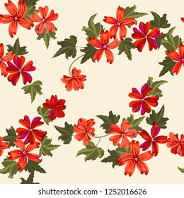 Seamless pretty pattern in small-scale cute coral mallow flowers. Millefleurs. Floral background for textile, fabric manufacturing, wallpaper, covers, surface, print,  wrap, scrapbooking, decoupage