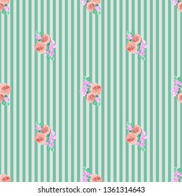 Seamless pretty pattern in small-scale cute flowers. Millefleurs. Floral striped background for textile, fabric manufacturing, wallpaper, covers, surface, print, gift wrap, scrapbooking, decoupage.