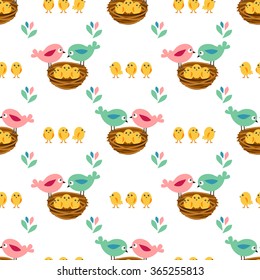 Seamless pretty pattern with stylized birds and nests. Endless texture for your design, announcements, greeting cards, posters, advertisement.