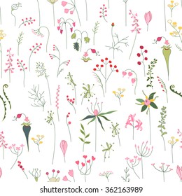 Seamless pretty pattern with stylized forest flowers and herbs. Endless texture for your design, announcements, greeting cards, posters, advertisement.