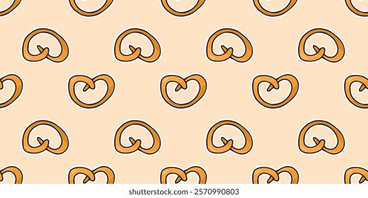 Seamless pretzel pattern. Pretzels. Delicious snack pattern. Pattern for snack packaging. Delicious pattern. Drawing of goodies.  