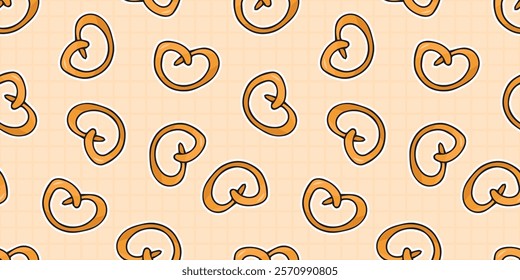 Seamless pretzel pattern. Pretzels. Delicious snack pattern. Pattern for snack packaging. Delicious pattern. Drawing of goodies.  