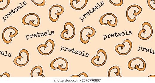 Seamless pretzel pattern. Pretzels. Delicious snack pattern. Pattern for snack packaging. Delicious pattern. Drawing of goodies.  