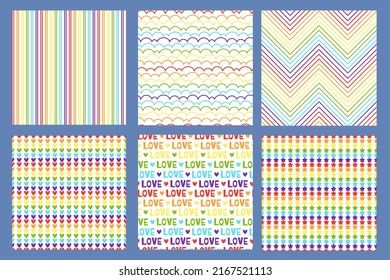 Seamless Pride Pattern. Rainbow Gradient Lines, Hearts Stripes And Love Text In LGBT Flag Colors Seamless Vector Backgrounds Set. Illustration Of Rainbow Lgbt Love Pattern