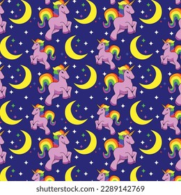 Seamless Pride Pattern With Unicorn Design, Vector LGBT Illustration, Moon, Modern Background, Good For Textiles, Wrapping Paper