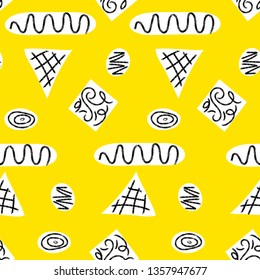 Seamless primitive ethnic pattern with black zig zag brush strokes on white geometric shapes on yellow background. Flat Art Vector illustration