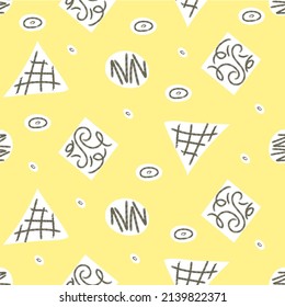 Seamless primitive ethnic pattern with black zig zag brush strokes on white geometric shapes on yellow background. Flat Art Vector illustration
