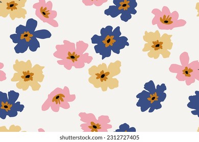 Patrón floral primitivo e incomparable. Sencillo fondo gris claro minimalista, bonitas flores amarillas rosas grandes azul en estilo boho. Papel tapiz para niños habitación, imprenta para banner, postal, textil