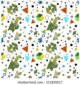 Seamless primitive geometric patterns of minimalism. The era 80's - 90's years design style. Randomly scattered geometric shapes. Rectaingel, circles, waves. Hipsters and trendy