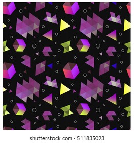 Seamless primitive geometric patterns of minimalism. The era 80's - 90's years design style. Randomly scattered geometric shapes. Rectaingel, circles, waves. Hipsters and trendy
