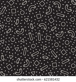 Seamless primitive jumble minimalism patterns. Randomly scattered geometric shapes. Abstract retro backgroun