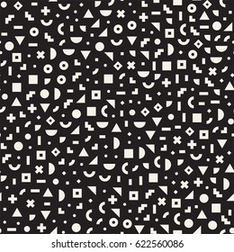 Seamless primitive jumble minimalism patterns. Randomly scattered geometric shapes. Abstract retro background design
