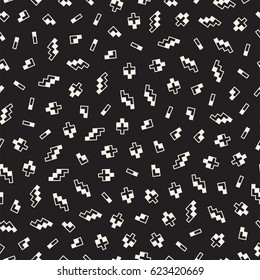 Seamless primitive jumble minimalism patterns. Randomly scattered geometric shapes. Abstract retro background design