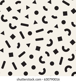 Seamless primitive jumble minimalism patterns. Randomly scattered geometric shapes. Abstract retro background design