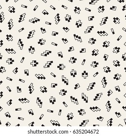 Seamless primitive jumble minimalism patterns. Randomly scattered geometric shapes. Abstract retro background design