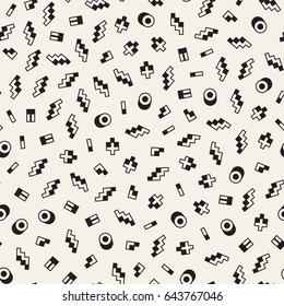 Seamless primitive jumble minimalism patterns. Randomly scattered geometric shapes. Abstract retro background design