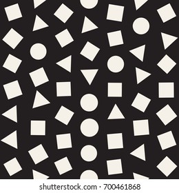Seamless primitive jumble minimalism patterns. Randomly scattered geometric shapes. Abstract retro background design