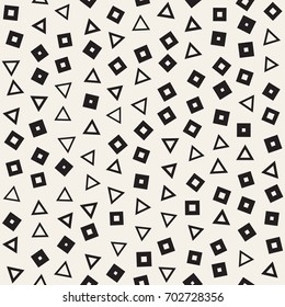 Seamless primitive jumble minimalism patterns. Randomly scattered geometric shapes. Abstract retro background design