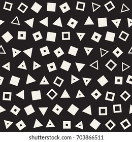 Seamless primitive jumble minimalism patterns. Randomly scattered geometric shapes. Abstract retro background design