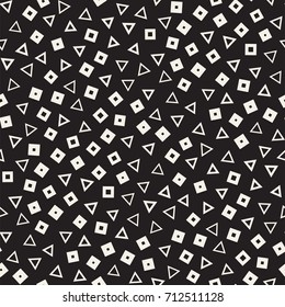 Seamless primitive jumble minimalism patterns. Randomly scattered geometric shapes. Abstract retro background design
