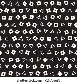 Seamless primitive jumble minimalism patterns. Randomly scattered geometric shapes. Abstract background design