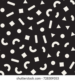 Seamless primitive jumble minimalism patterns. Randomly scattered geometric shapes. Abstract retro backgroun